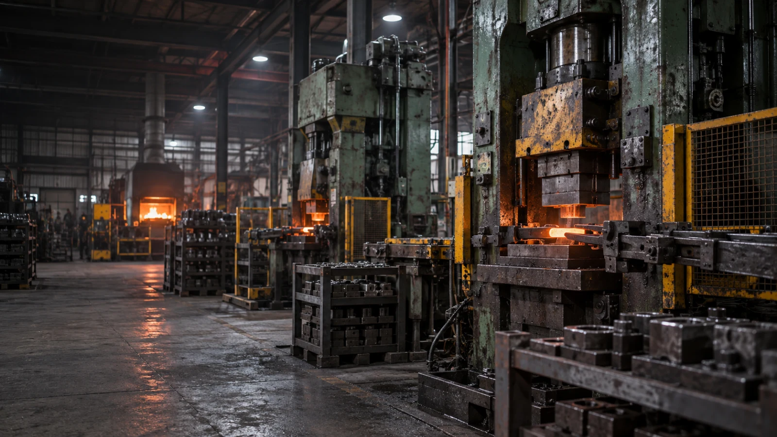 Portrait view of heavy forging press equipment inside a production workshoprelia_factory_forging