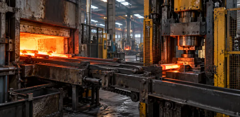 Heating furnace, transfer rails and guarded forging press equipment