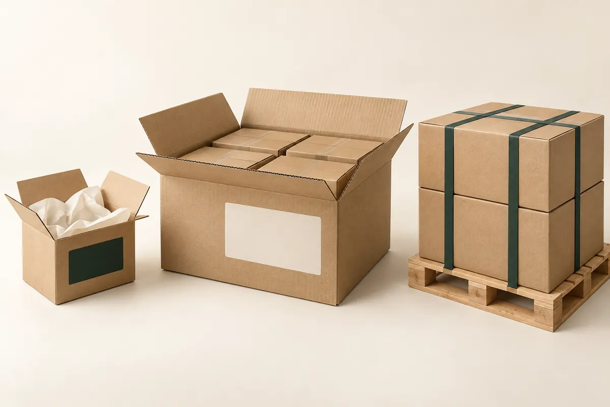 Packaging concept showing inner protection, a master carton and strapped pallet cartons