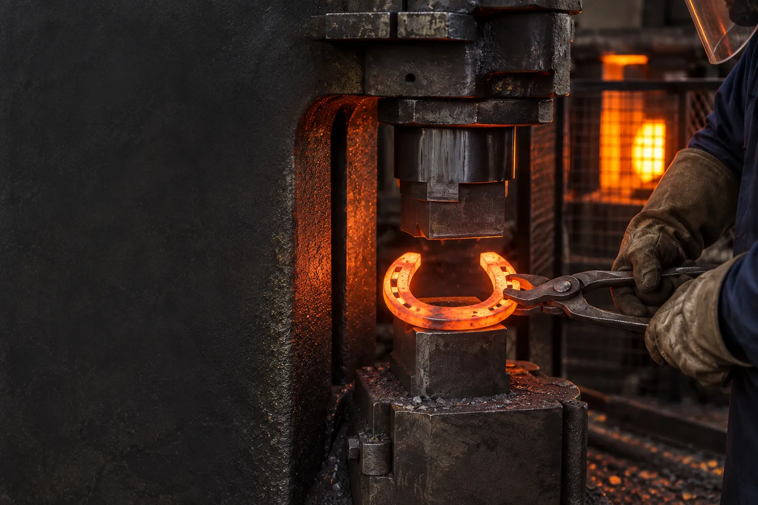 Hot steel horseshoe blank being formed under a forging press