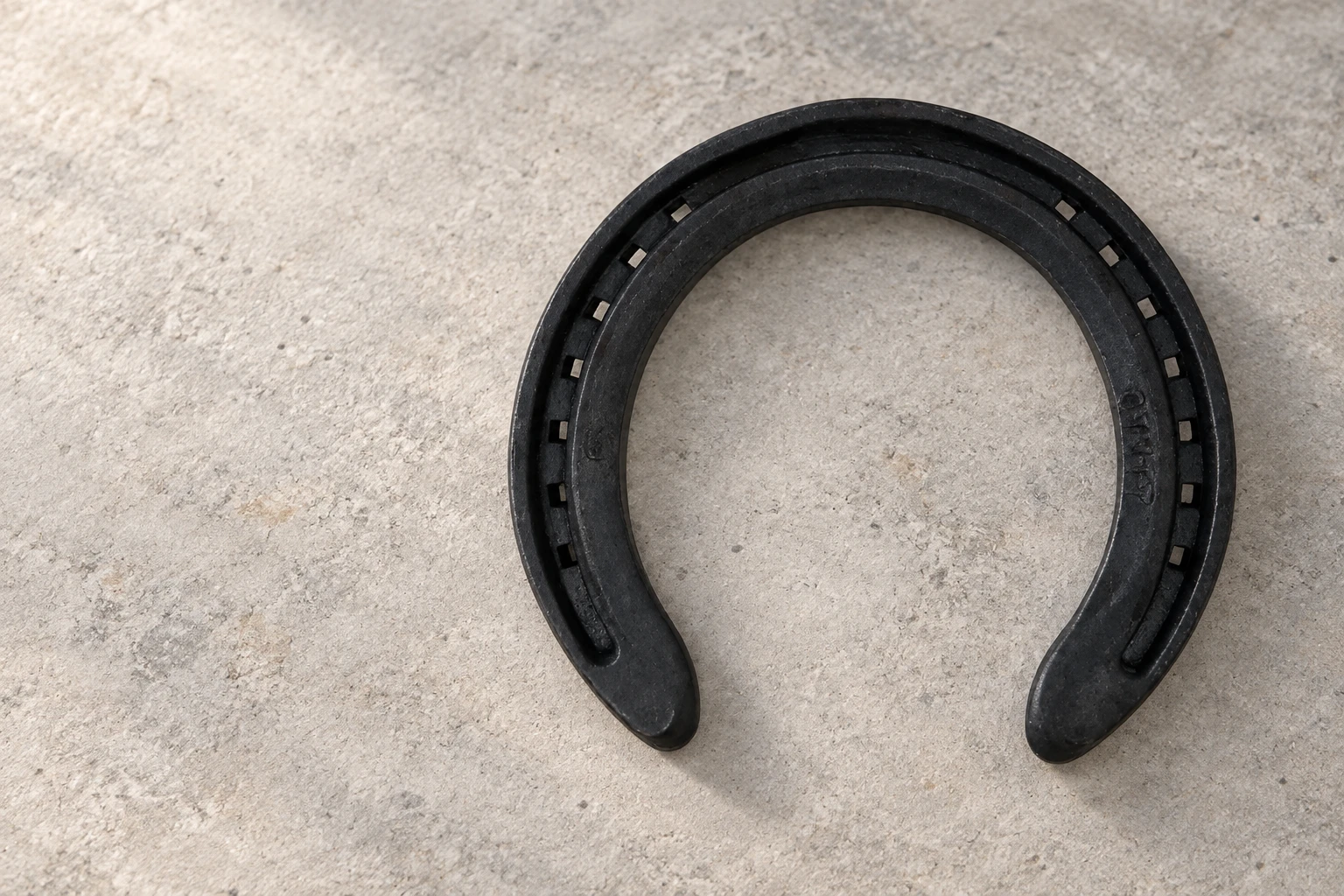 Black steel horseshoe showing the crease, nail holes and open heels