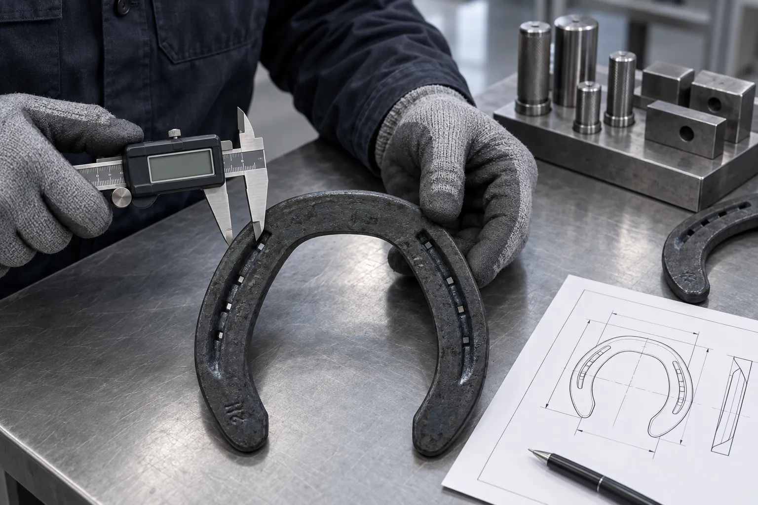 Section-width inspection of a forged steel horseshoe with a digital caliper