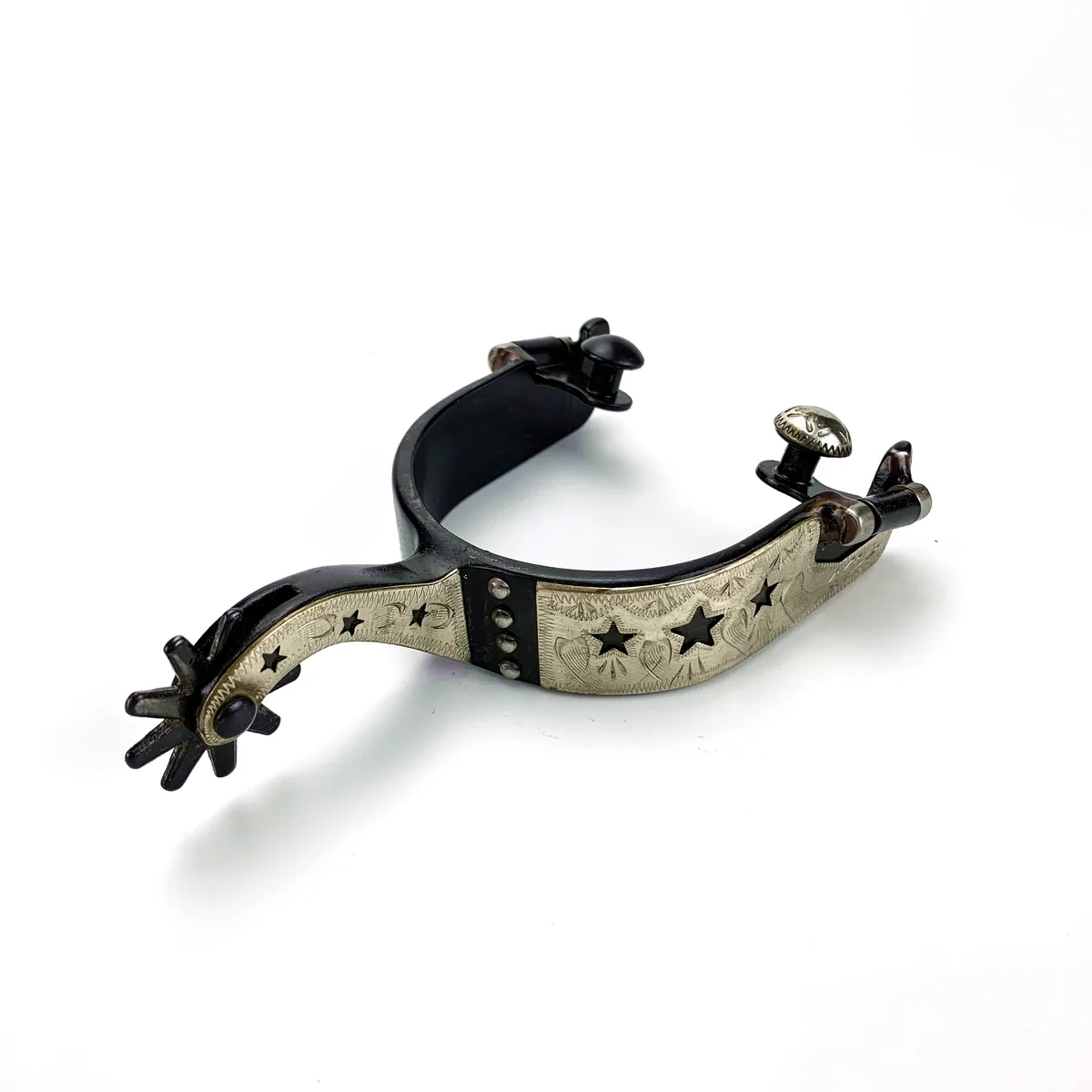 German Silver Hand-Engraved Black Horse Spurs with Cutout Stars — product image 2