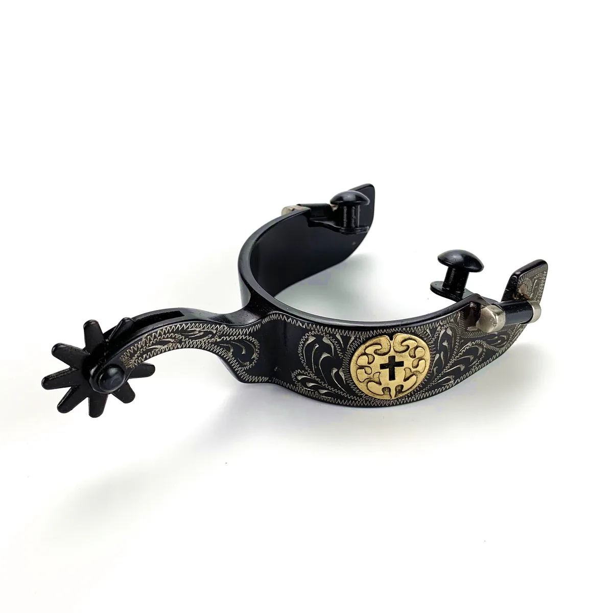 Men's Decorative Western Horse Spurs with Black Cross Concho and Engraved Band — product image 1