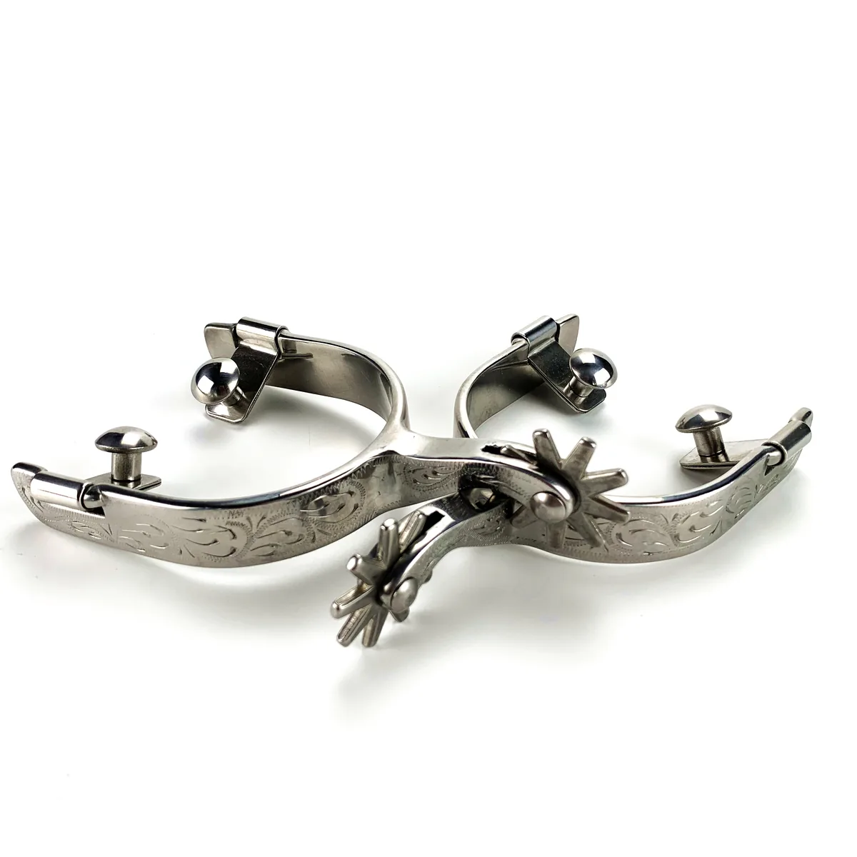 Men's Stainless Steel Western Cutting Horse Spurs with Engraved Finish — product image 3