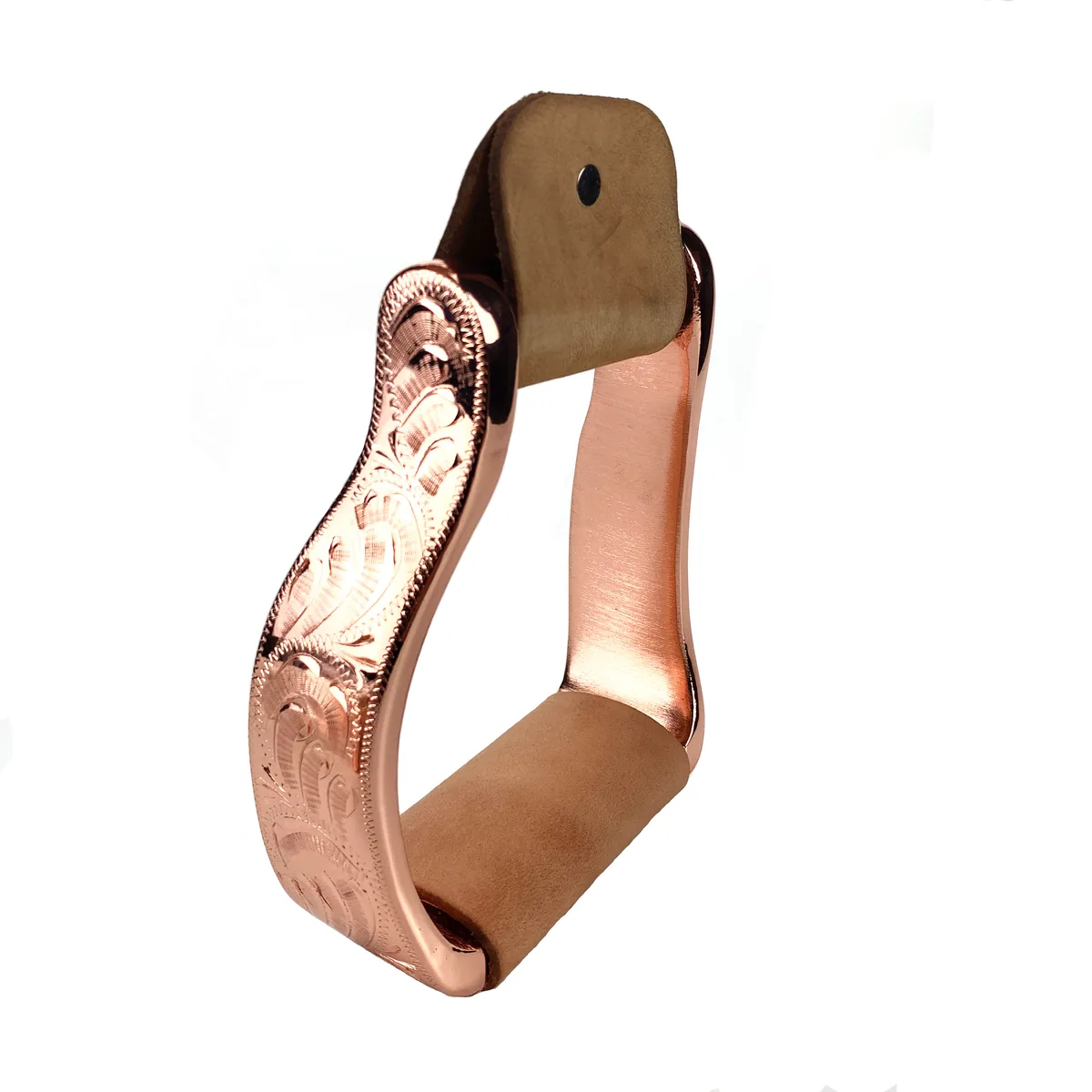 Rose Gold Aluminum Visalia Horse Riding Stirrups with Engraving and Leather Band — product image 2