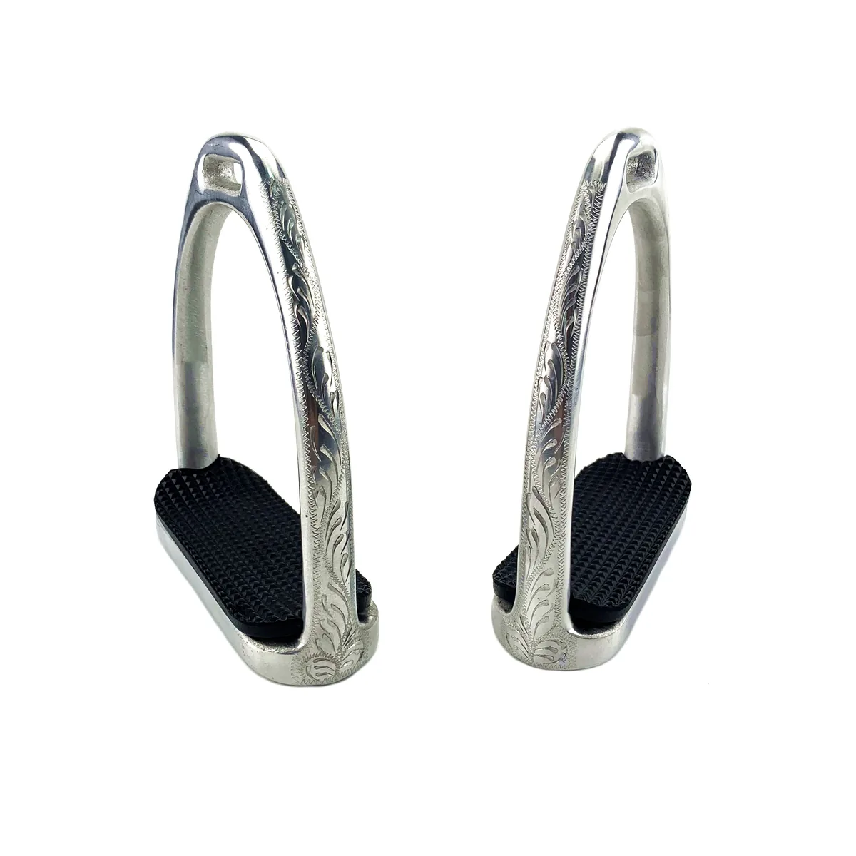English Engraved Aluminum Horse Riding Stirrups with Rubber Pads — product image 4