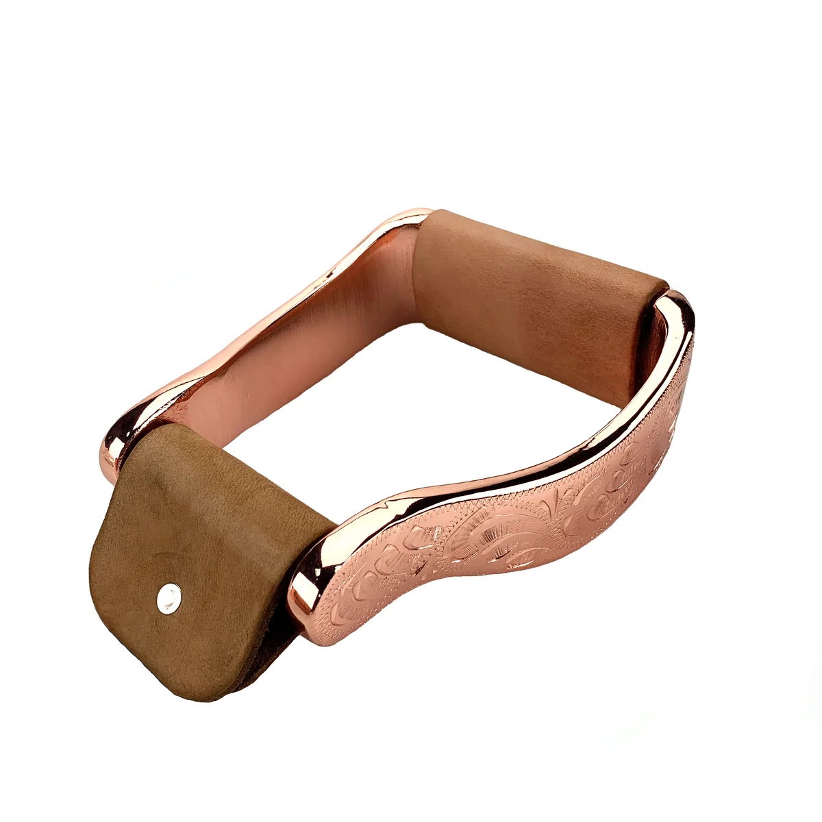Rose Gold Aluminum Visalia Horse Riding Stirrups with Engraving and Leather Band — product image 3
