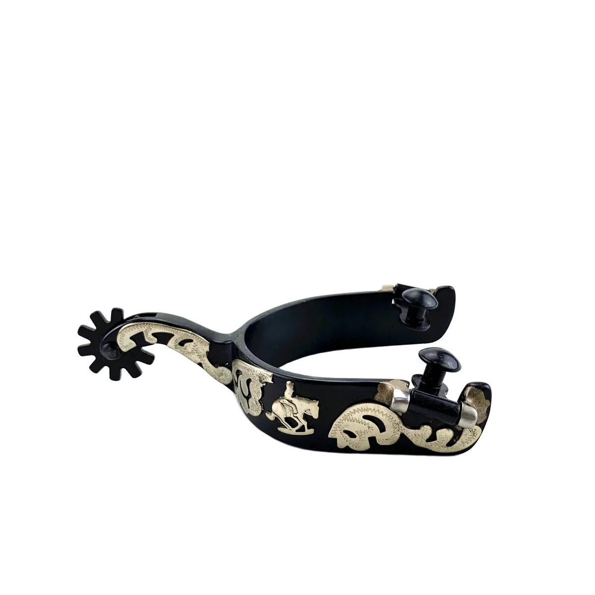 Black Steel Reining Horse Spurs with Floral Decorations 1" Band — product image 1