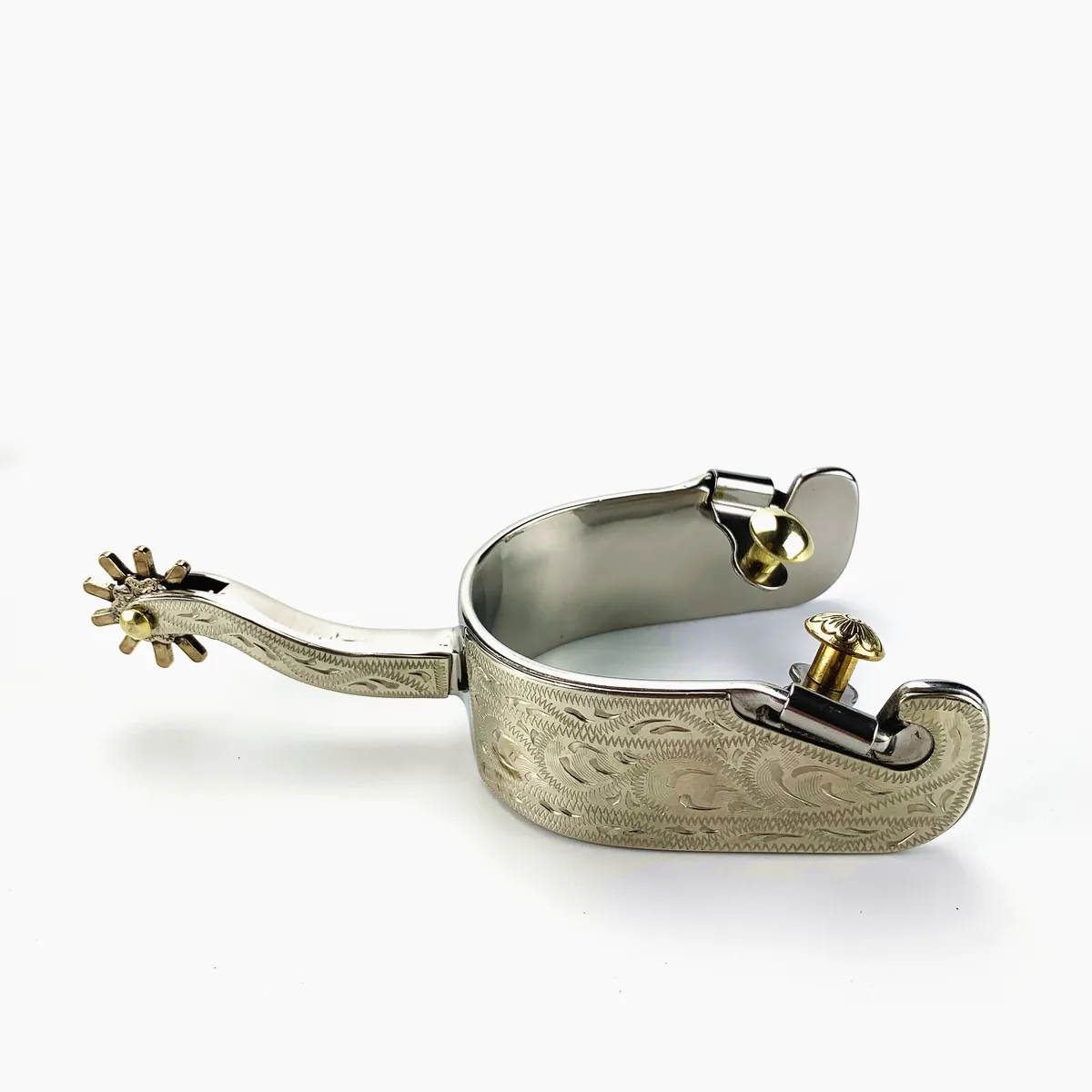 Men's Western Horse Spurs with Brass Buttons and German Silver Engraved Trims — product image 1