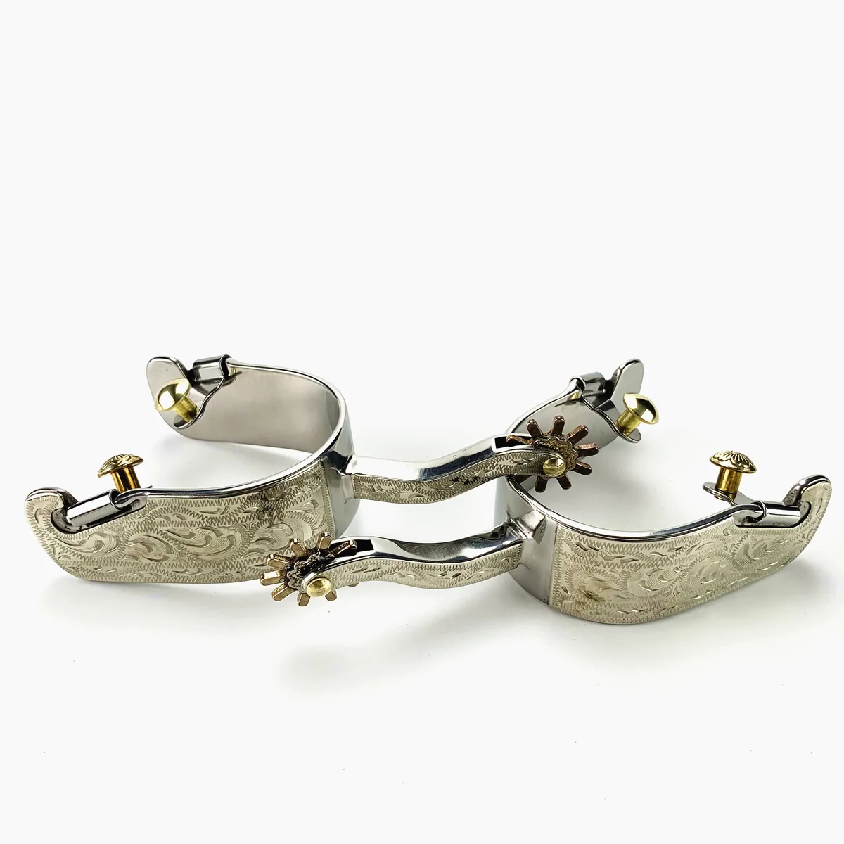 Men's Western Horse Spurs with Brass Buttons and German Silver Engraved Trims — product image 4
