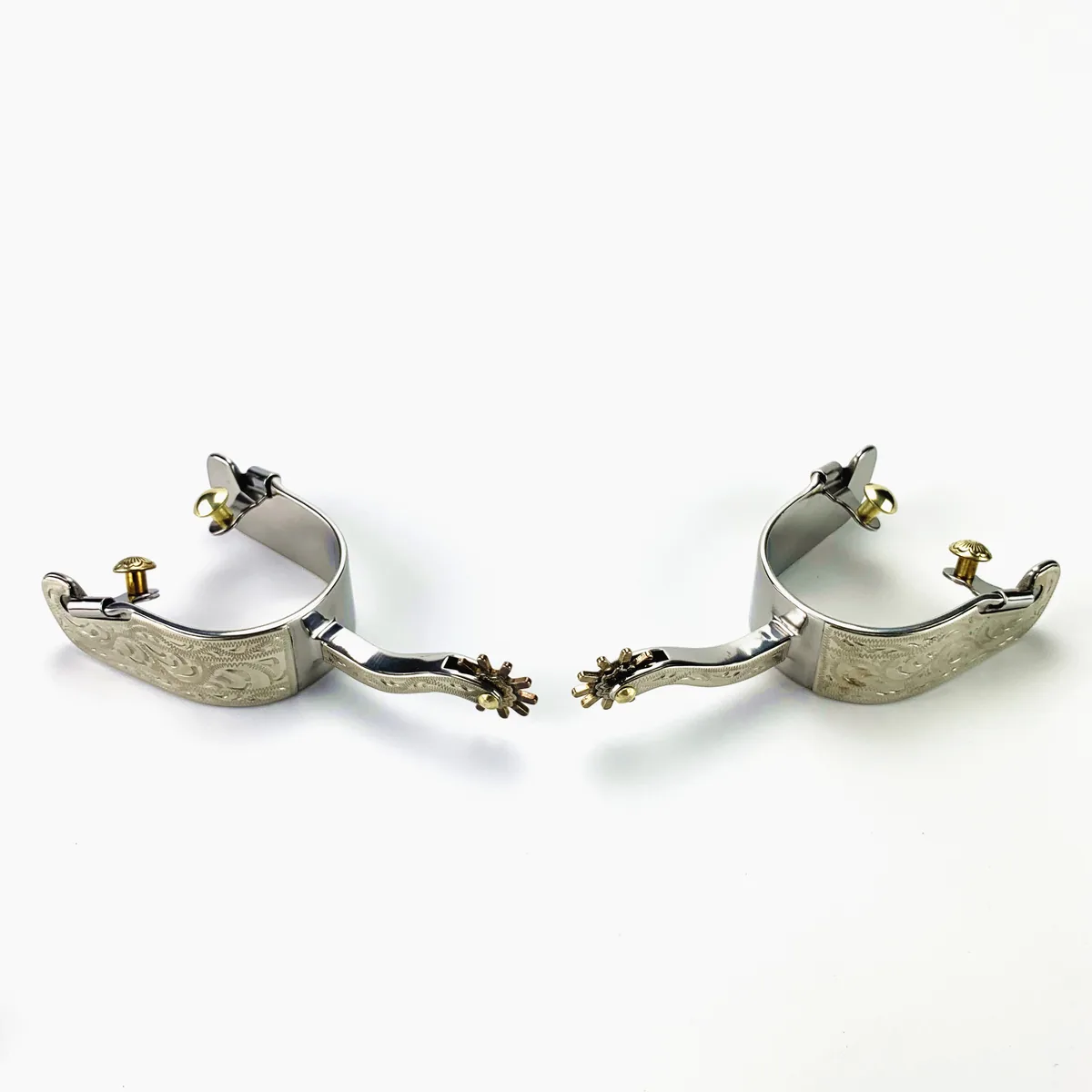 Men's Western Horse Spurs with Brass Buttons and German Silver Engraved Trims — product image 3