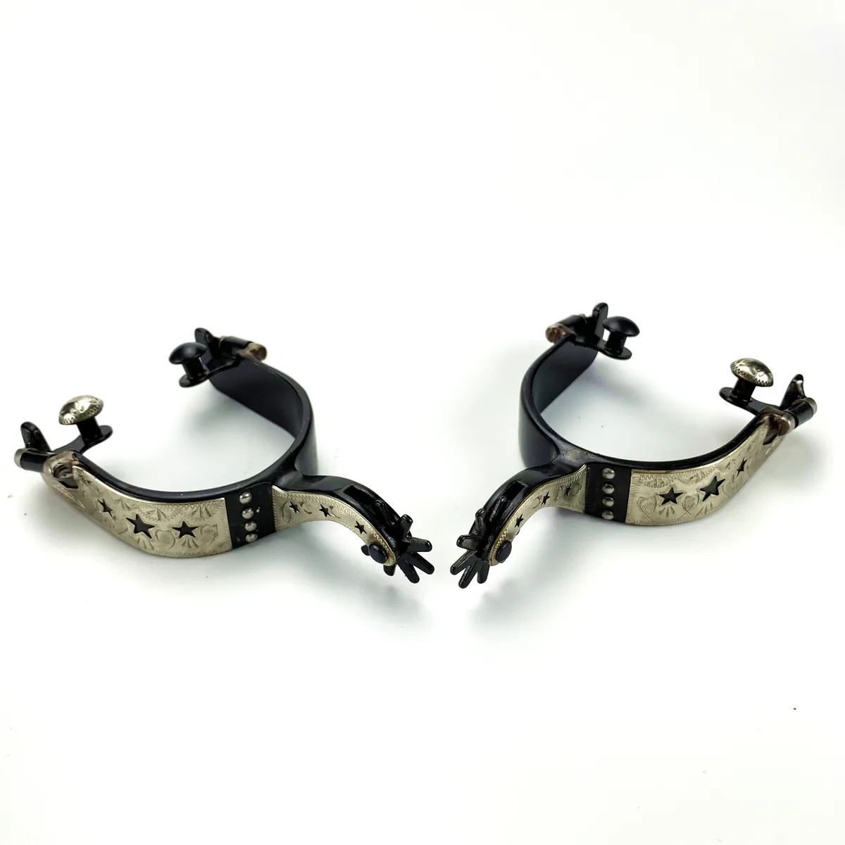German Silver Hand-Engraved Black Horse Spurs with Cutout Stars — product image 3
