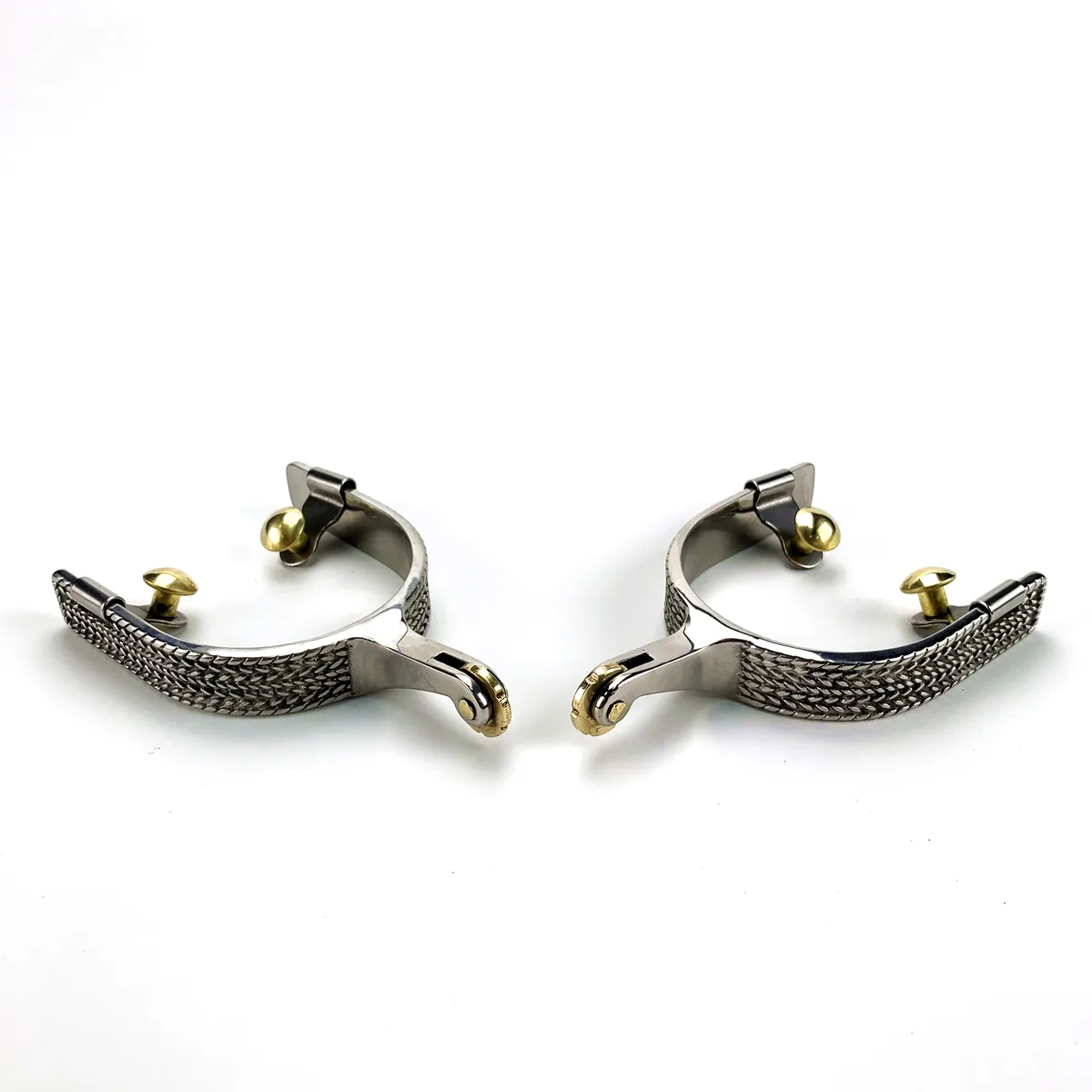 Western horse riding spur profile with decorative metal finish
