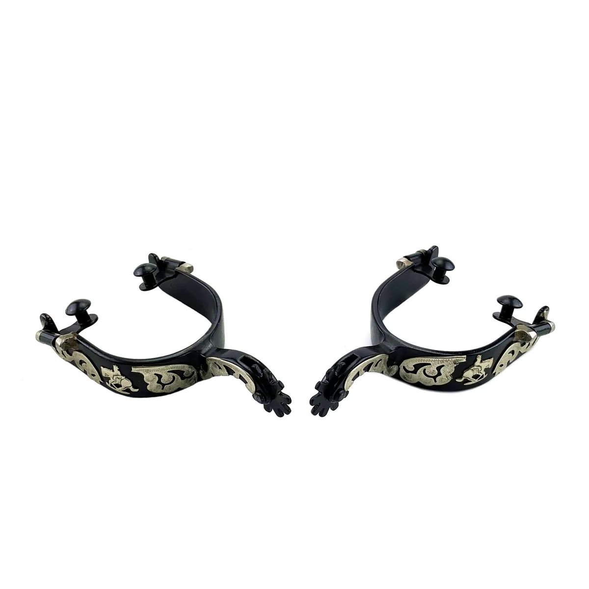 Black Steel Reining Horse Spurs with Floral Decorations 1" Band — product image 3