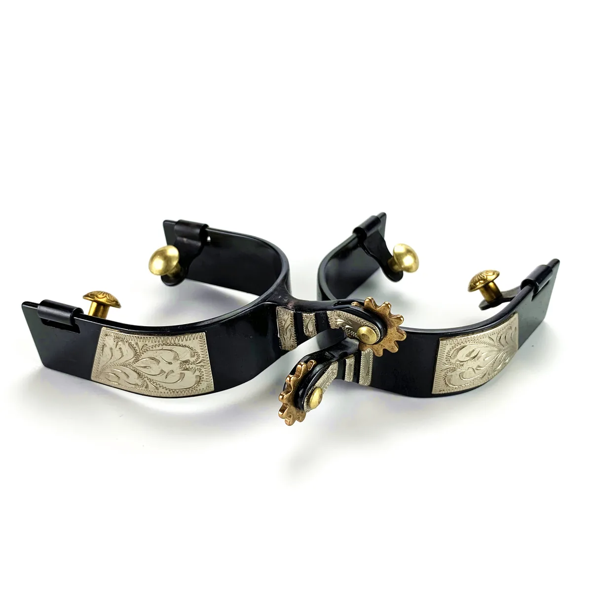 Black Roping Horse Spurs with Rowel & Brass Buttons and German Silver Engraved Flower Trims — product image 3