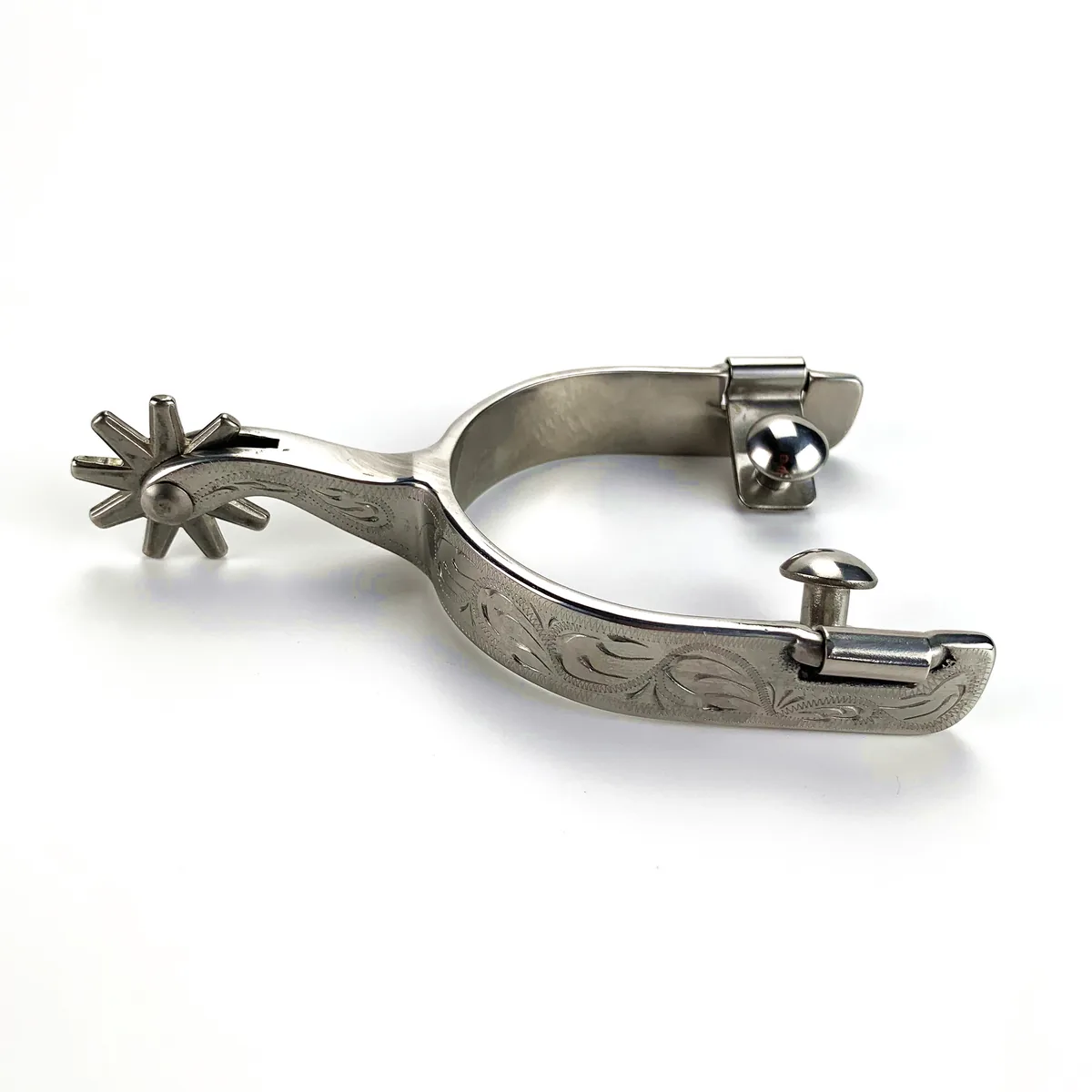 Men's Stainless Steel Western Cutting Horse Spurs with Engraved Finish — product image 2