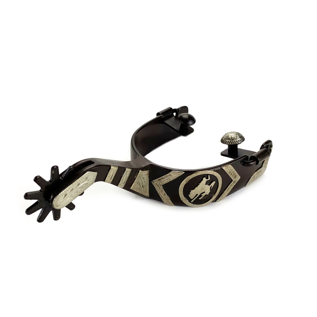 German Silver Hand-Engraved Cowboy Horse Spur with Bucking Concho and Bar Trim — product image 2