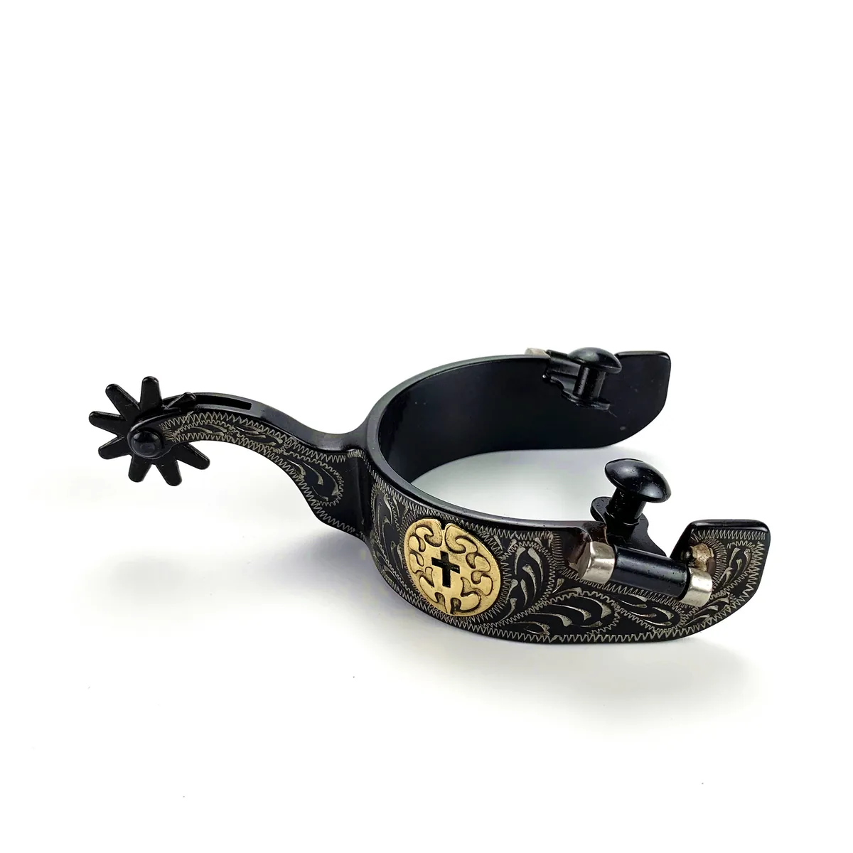 Men's Decorative Western Horse Spurs with Black Cross Concho and Engraved Band — product image 2