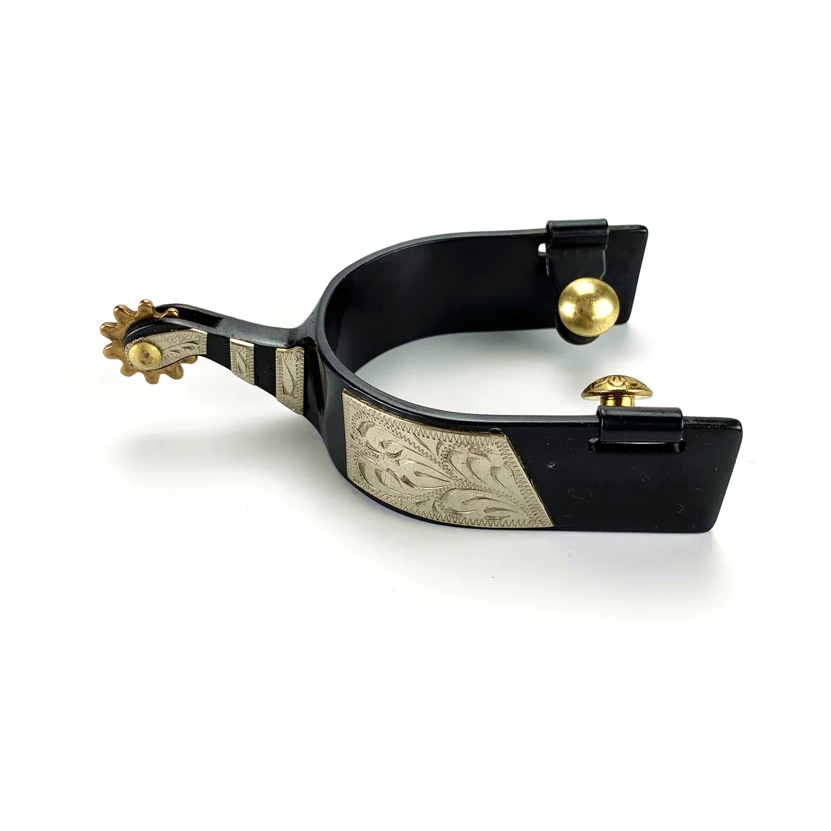 Black Roping Horse Spurs with Rowel & Brass Buttons and German Silver Engraved Flower Trims — product image 2