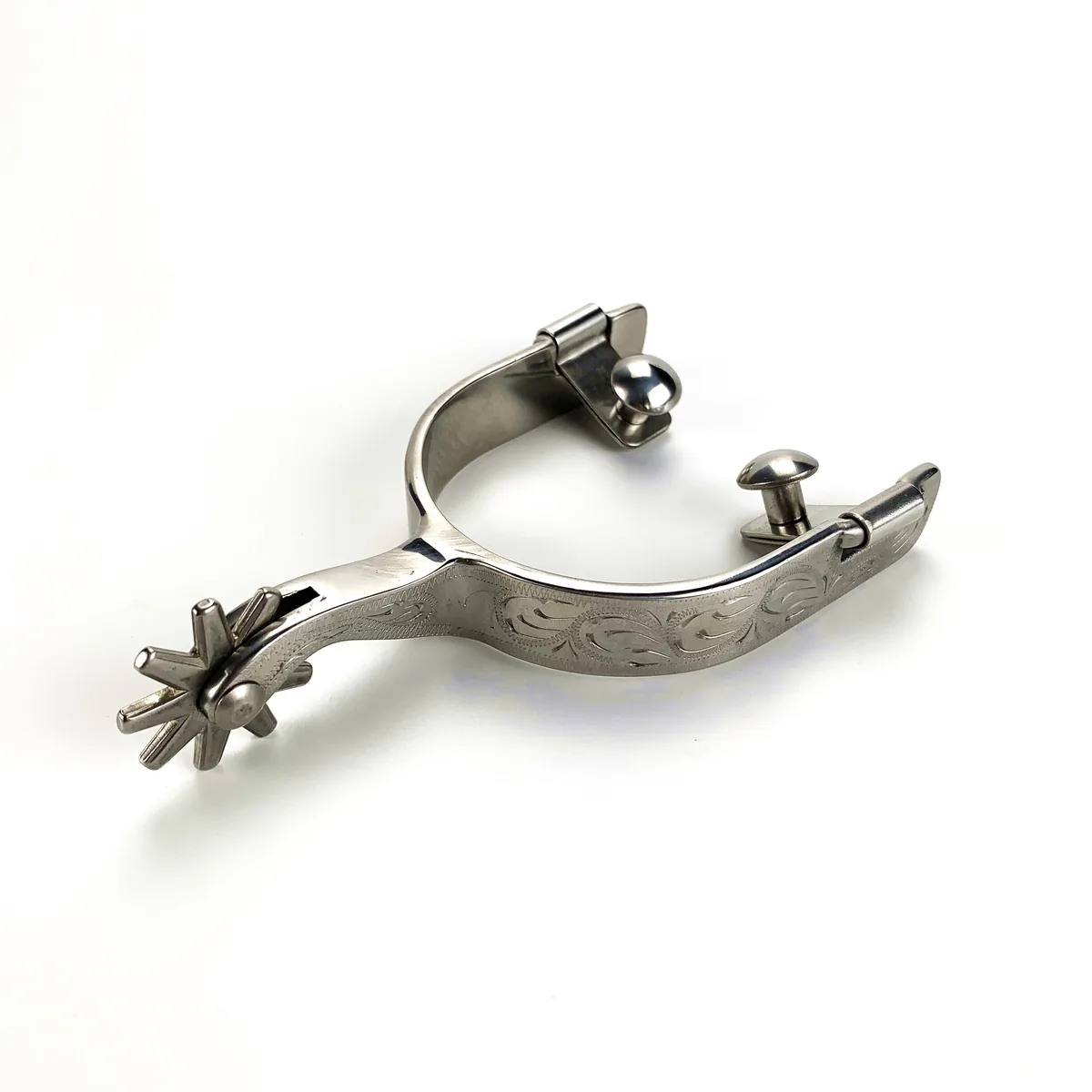 Men's Stainless Steel Western Cutting Horse Spurs with Engraved Finish — product image 1