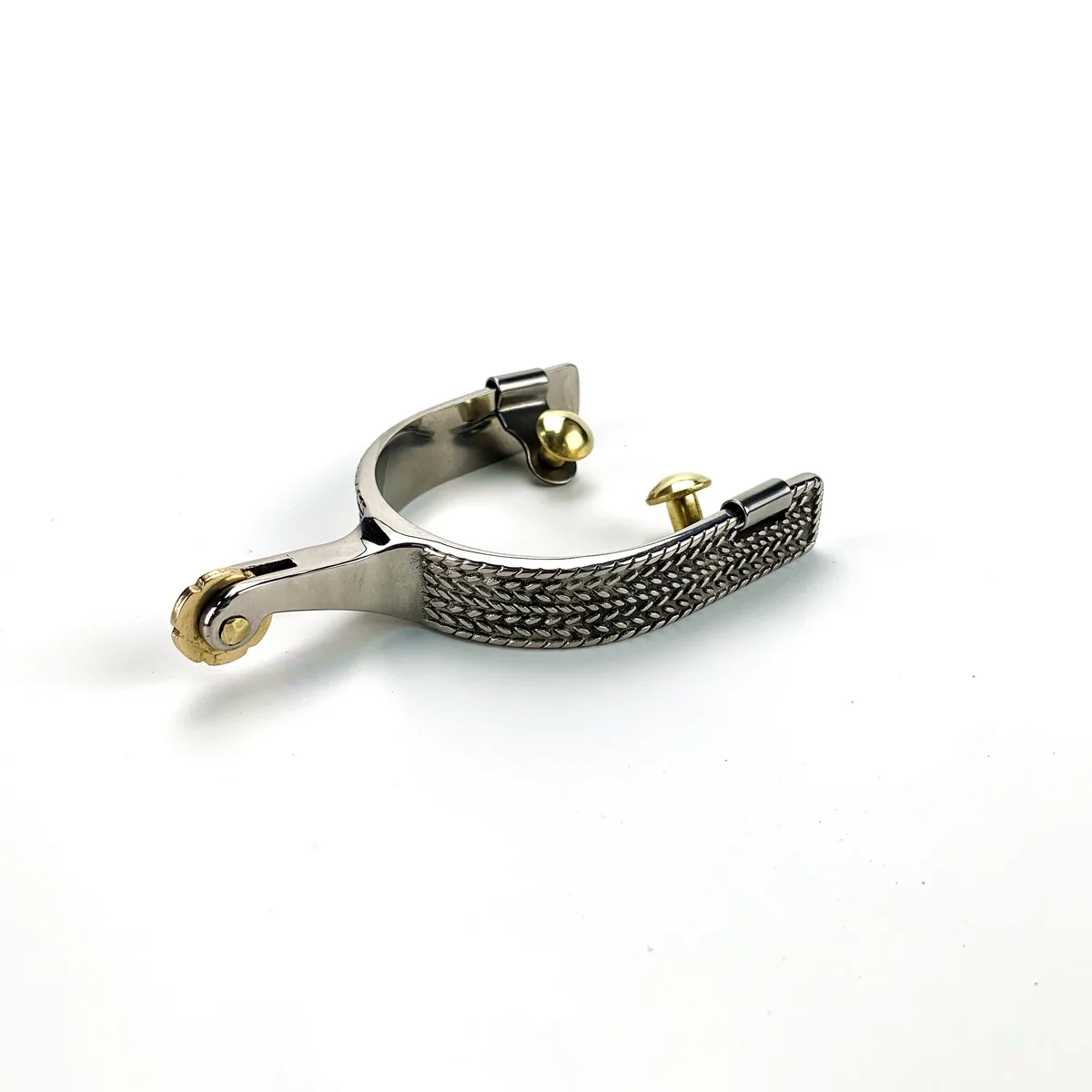 Detailed view of horse spur heel band, shank and rowel construction