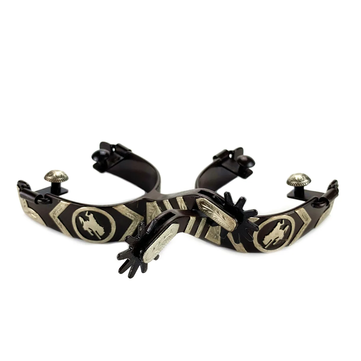German Silver Hand-Engraved Cowboy Horse Spur with Bucking Concho and Bar Trim — product image 3