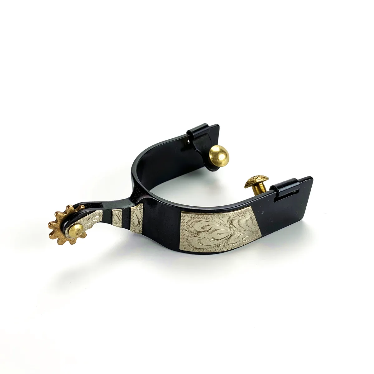 Black Roping Horse Spurs with Rowel & Brass Buttons and German Silver Engraved Flower Trims — product image 1