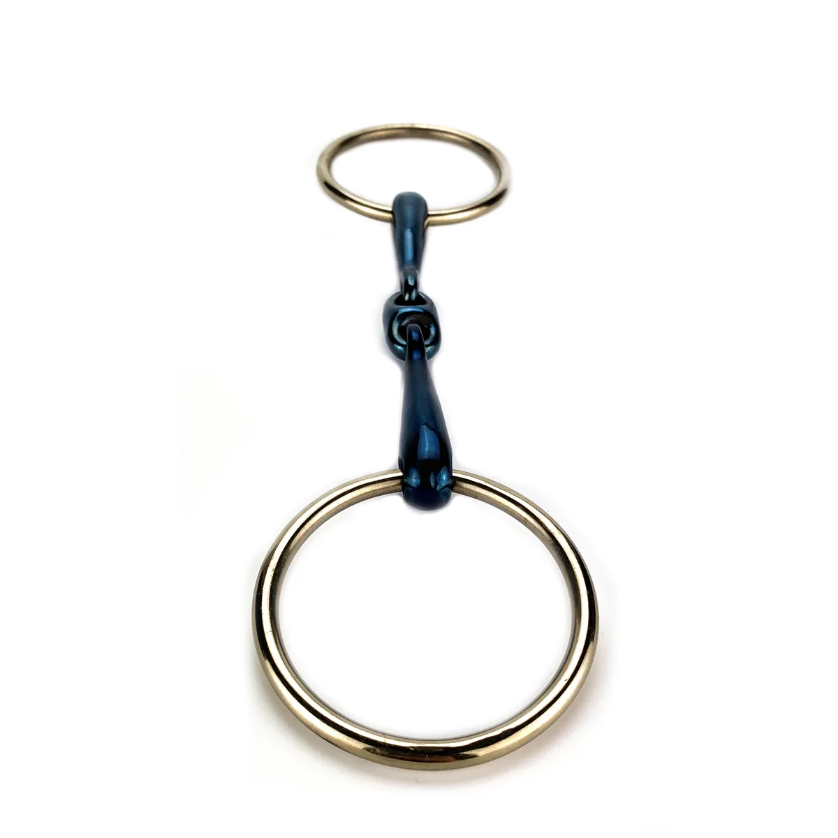 Doppelt gebrochene Pferdetrense aus blauem S&uuml;&szlig;eisenstahl mit elliptischem Mittelst&uuml;ck