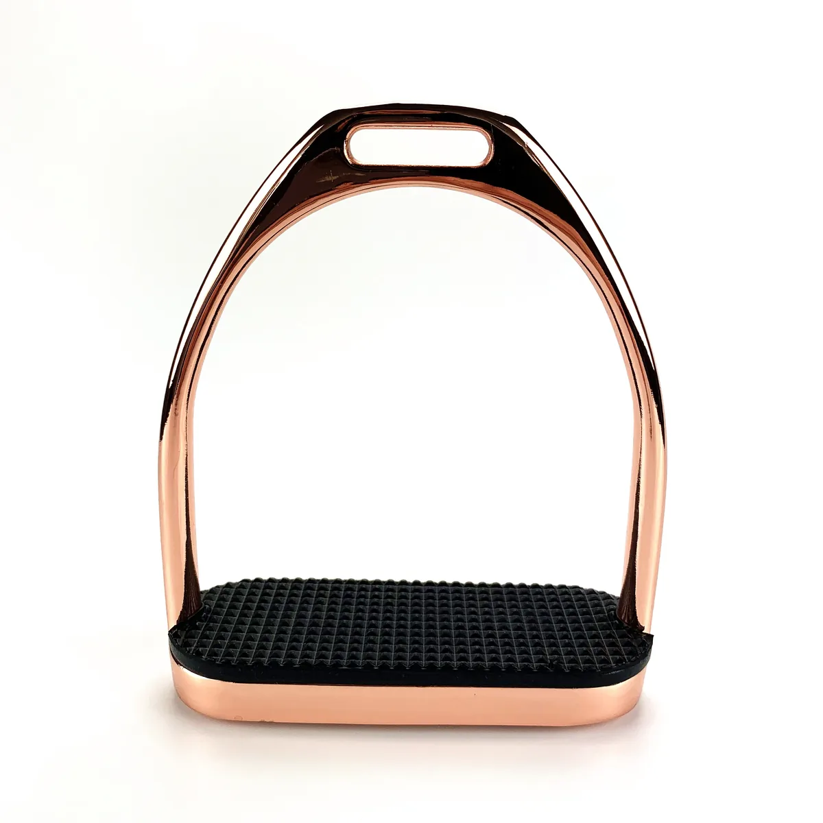 Front view of rose gold riding stirrup frame and leather slot