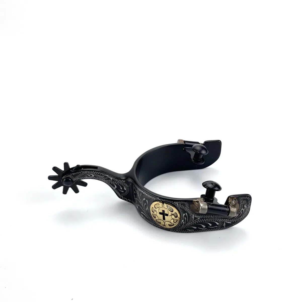 Fully Hand-Engraved Black Steel Horse Spurs for Men and Women — product image 1