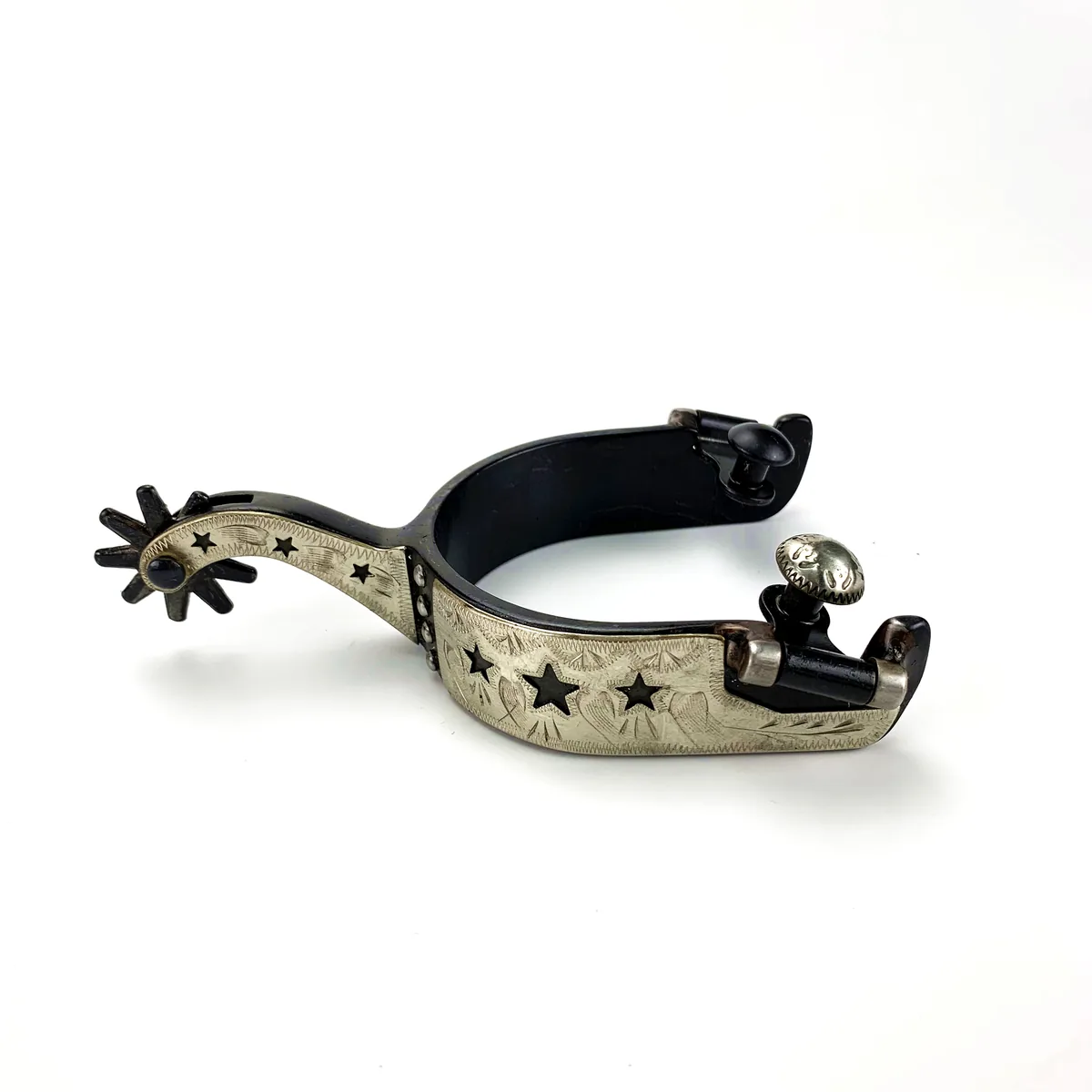 German Silver Hand-Engraved Black Horse Spurs with Cutout Stars — product image 1