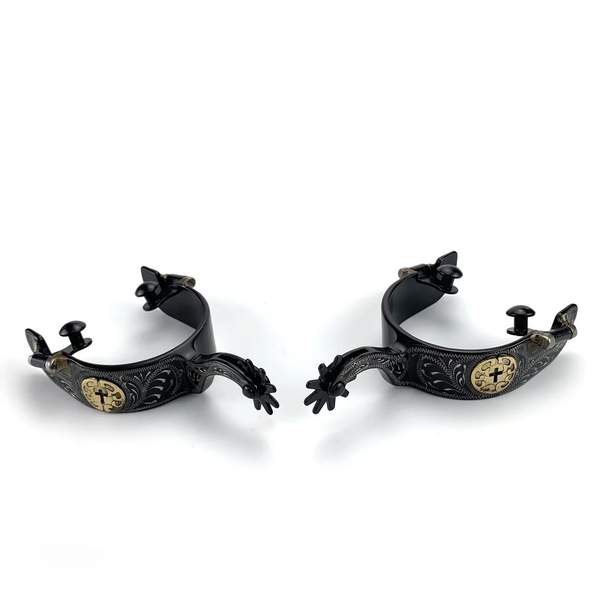 Fully Hand-Engraved Black Steel Horse Spurs for Men and Women — product image 3