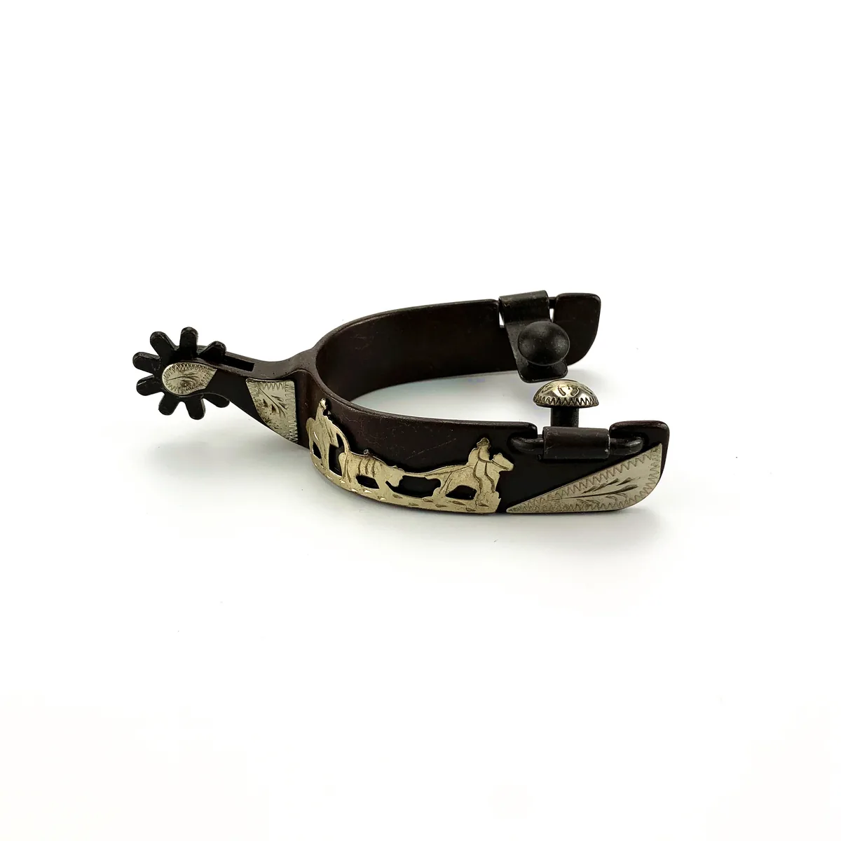 Brass Cowboy Horse Spur with German Silver Engraving and 8-Point Rowel — product image 1
