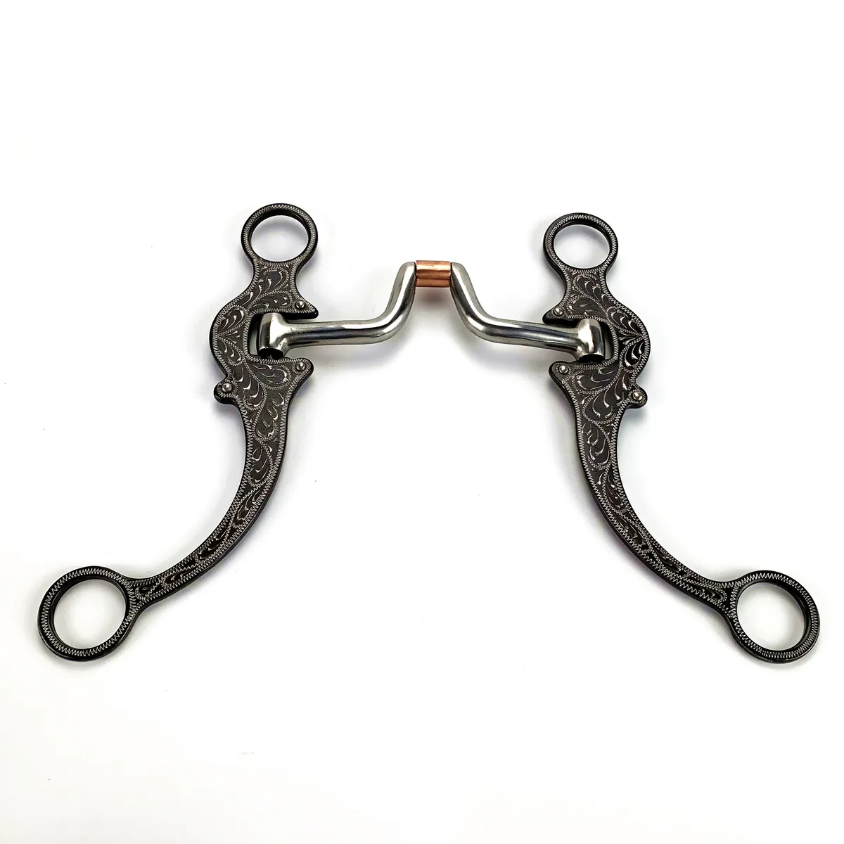 Antique hinged port training horse bit with engraved long cheeks
