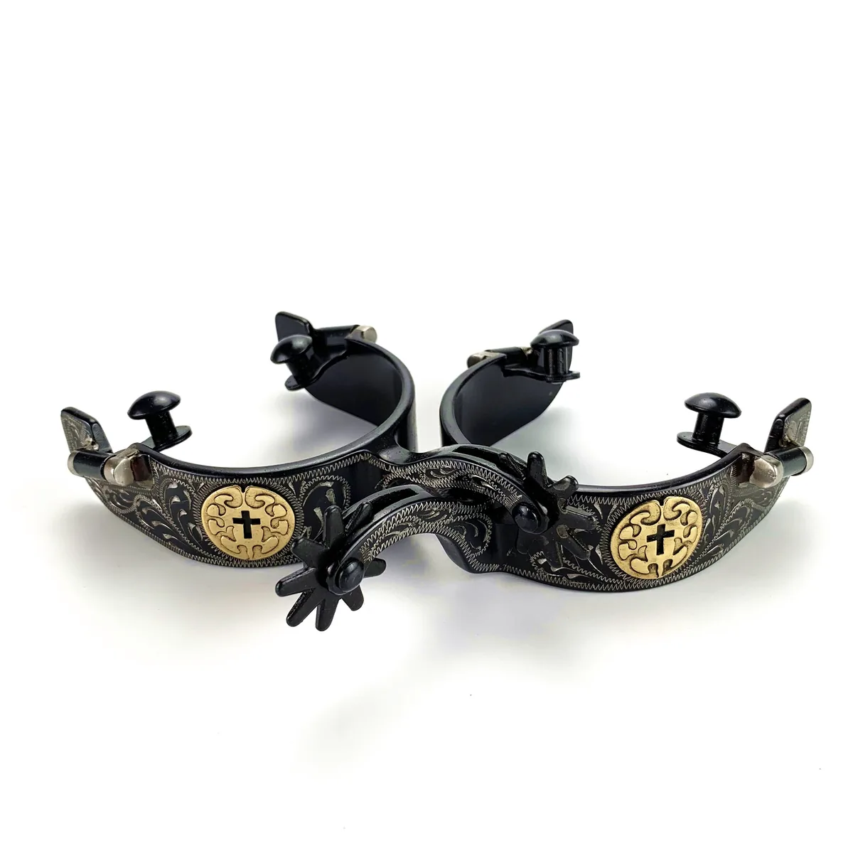Men's Decorative Western Horse Spurs with Black Cross Concho and Engraved Band — product image 3