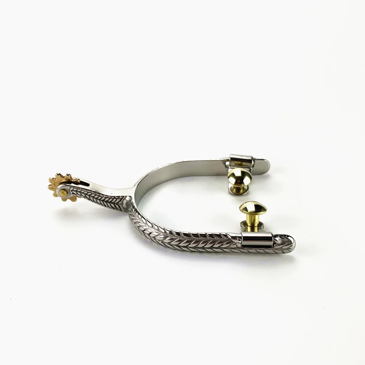 Stainless Steel Roper Horse Spur with Rope-Pattern Band, Buttons and Rowel — product image 1