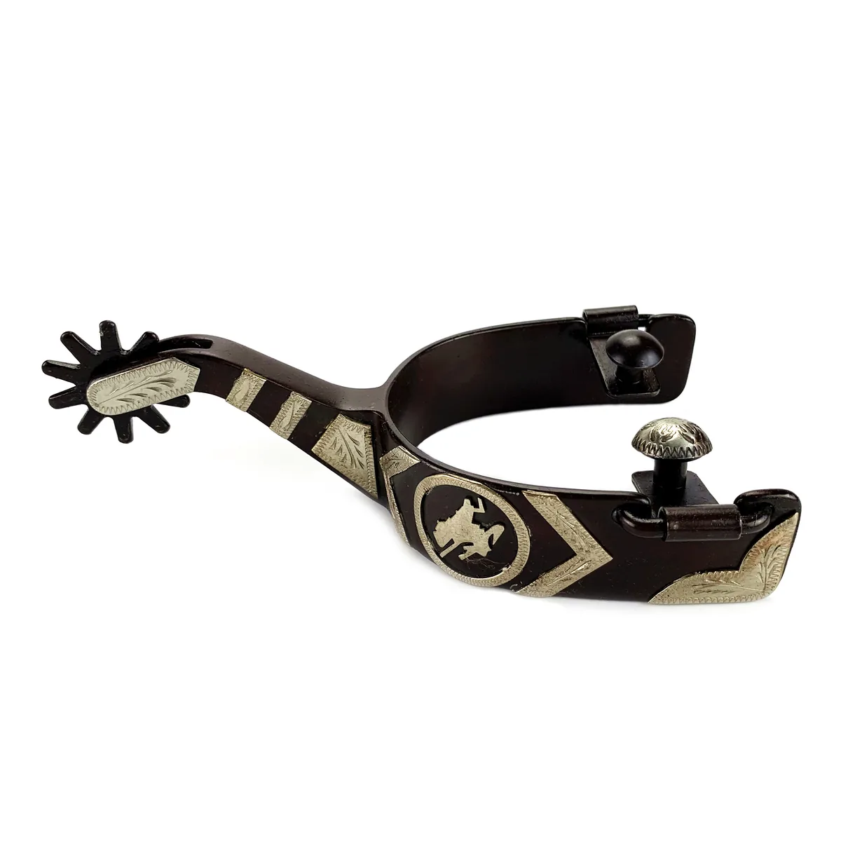 German Silver Hand-Engraved Cowboy Horse Spur with Bucking Concho and Bar Trim — product image 1