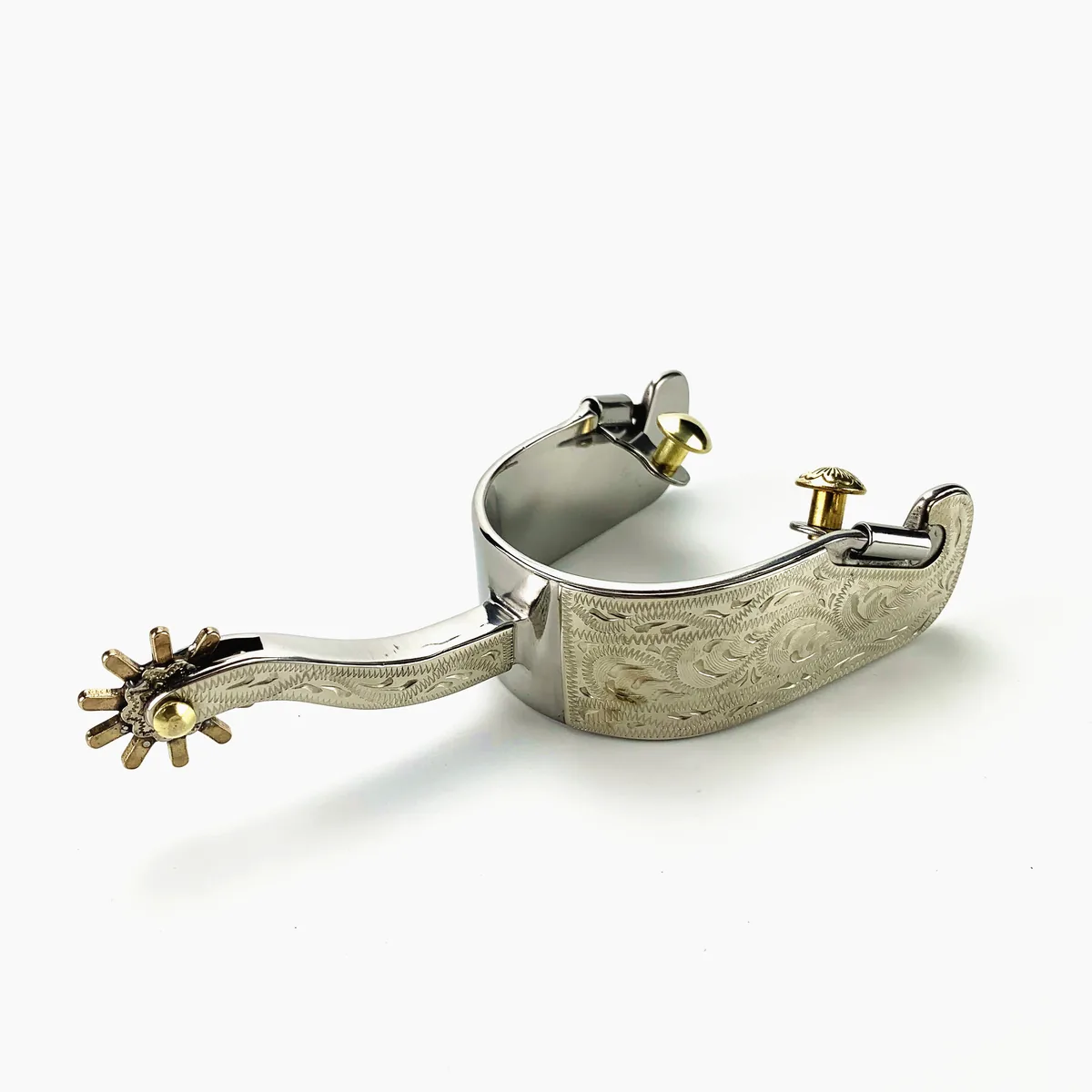 Men's Western Horse Spurs with Brass Buttons and German Silver Engraved Trims — product image 2