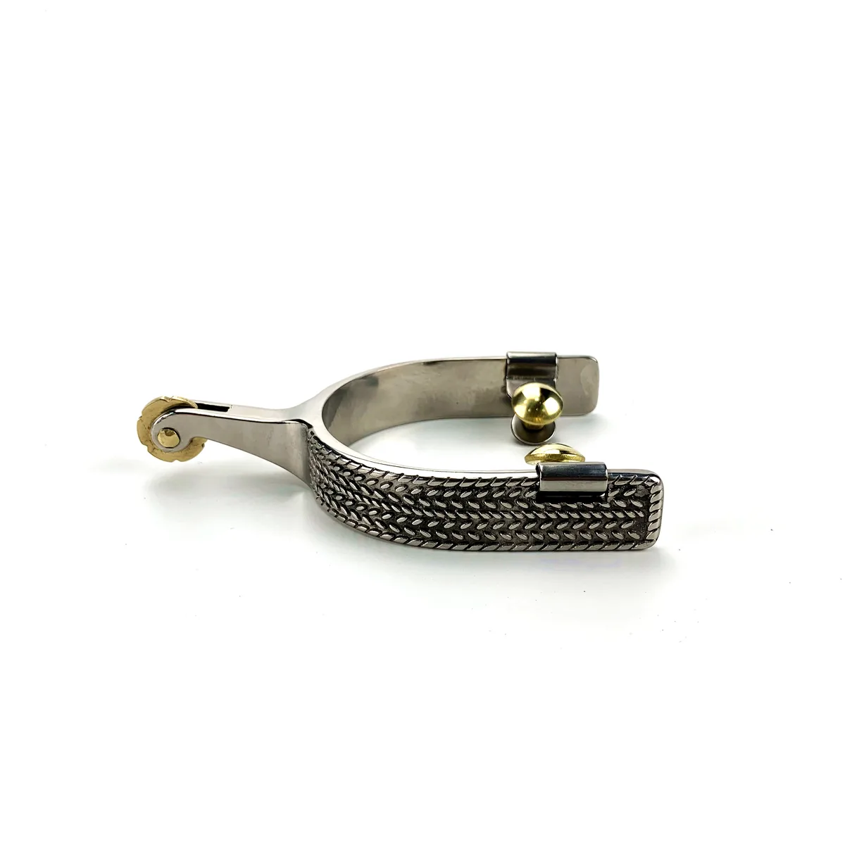 Silver-tone horse racing rowel spurs with textured heel band and gold-tone accents