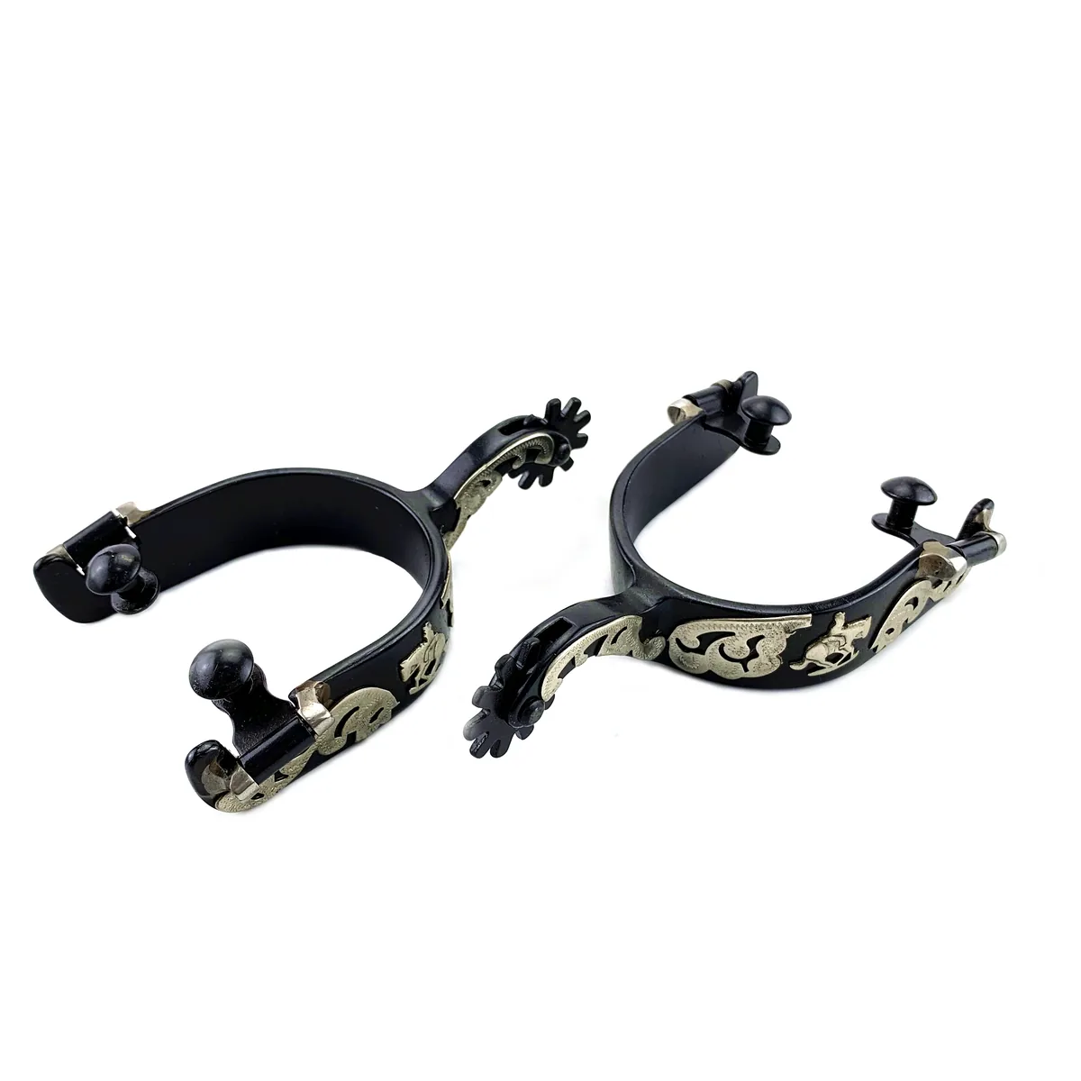 Black Steel Reining Horse Spurs with Floral Decorations 1" Band