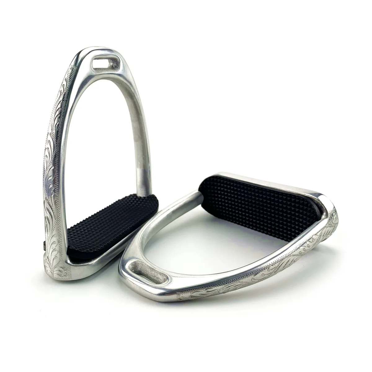 English Engraved Aluminum Horse Riding Stirrups with Rubber Pads — product image 1