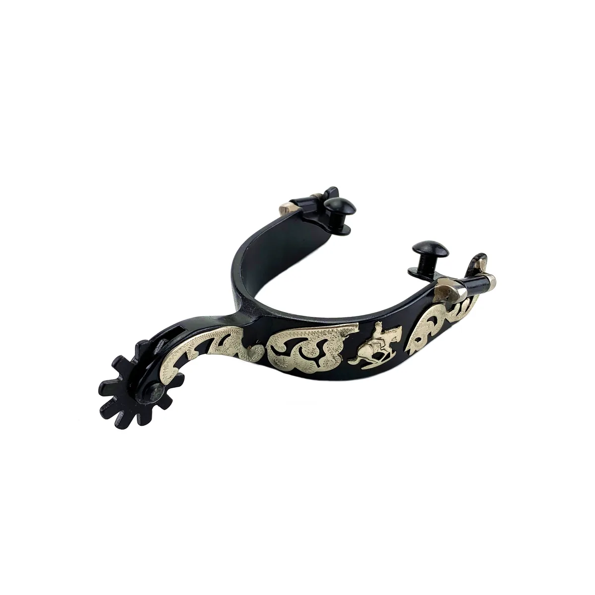 Black Steel Reining Horse Spurs with Floral Decorations 1" Band — product image 2