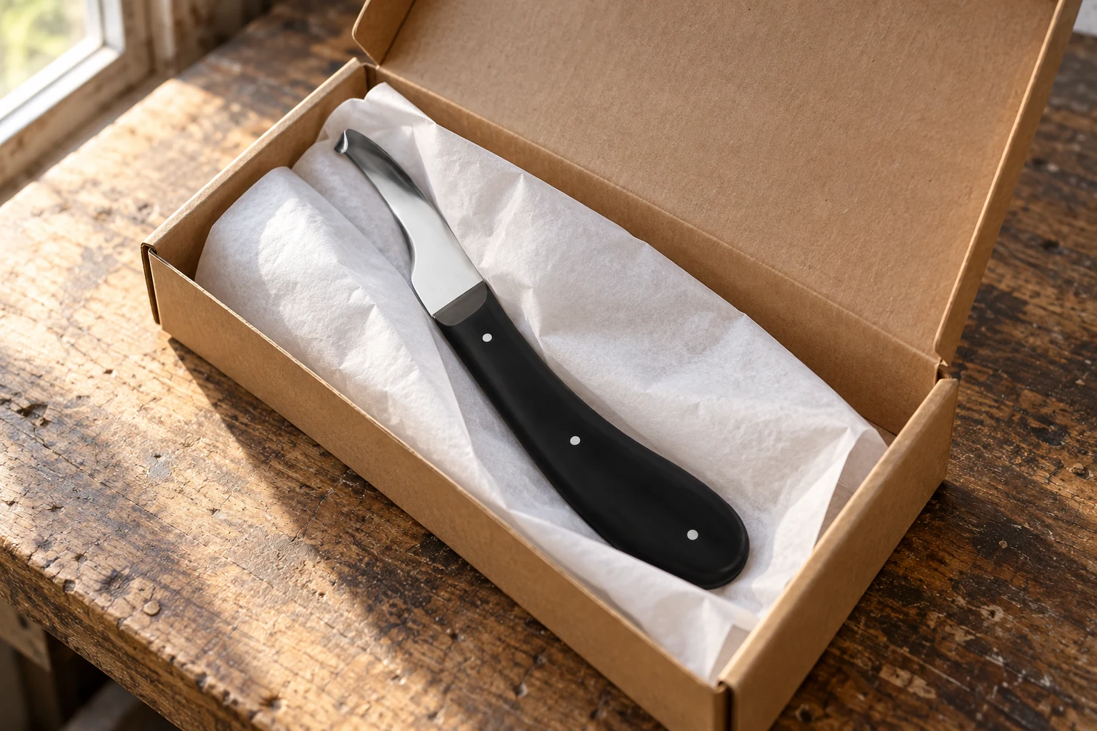 Hoof knife packed with blade protection and kraft packaging