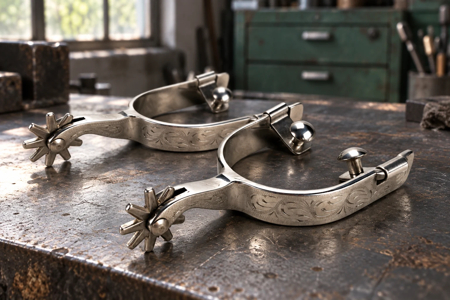 Pair of engraved stainless Western spurs on a metal workbench