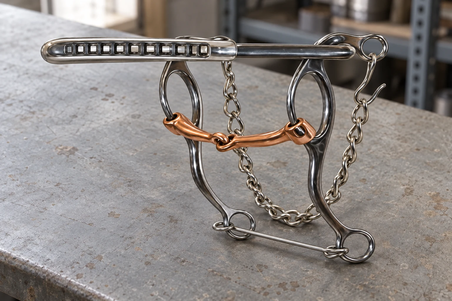 Combination Hackamore showing its copper-colored mouthpiece and metal cheeks