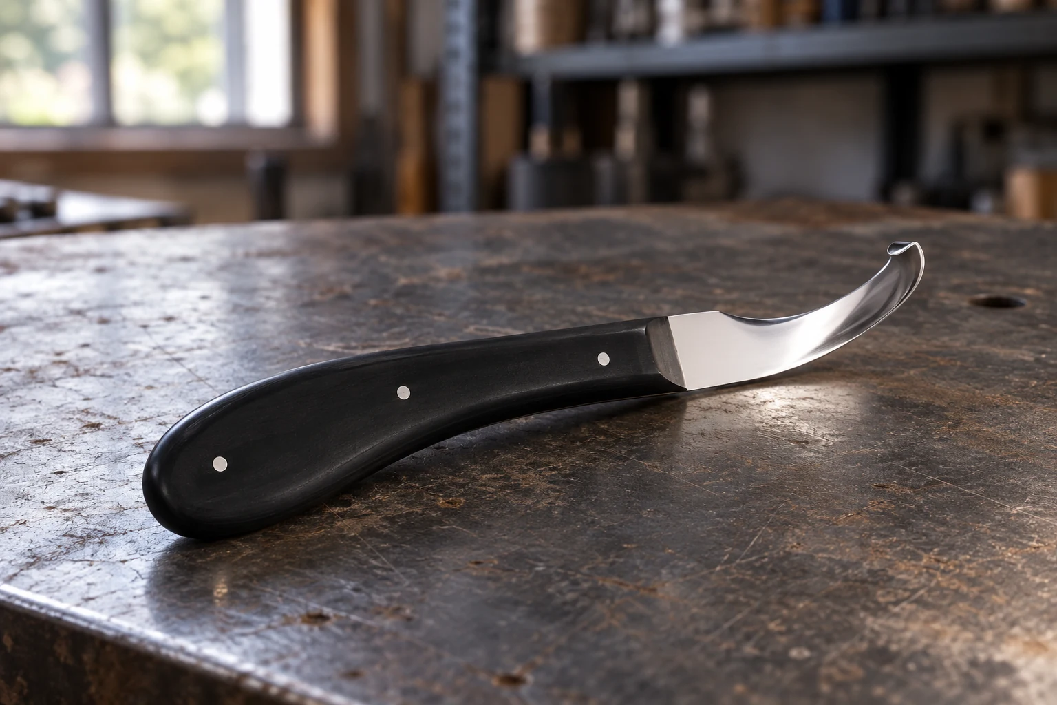 Curved hoof knife with a dark handle on a workshop bench