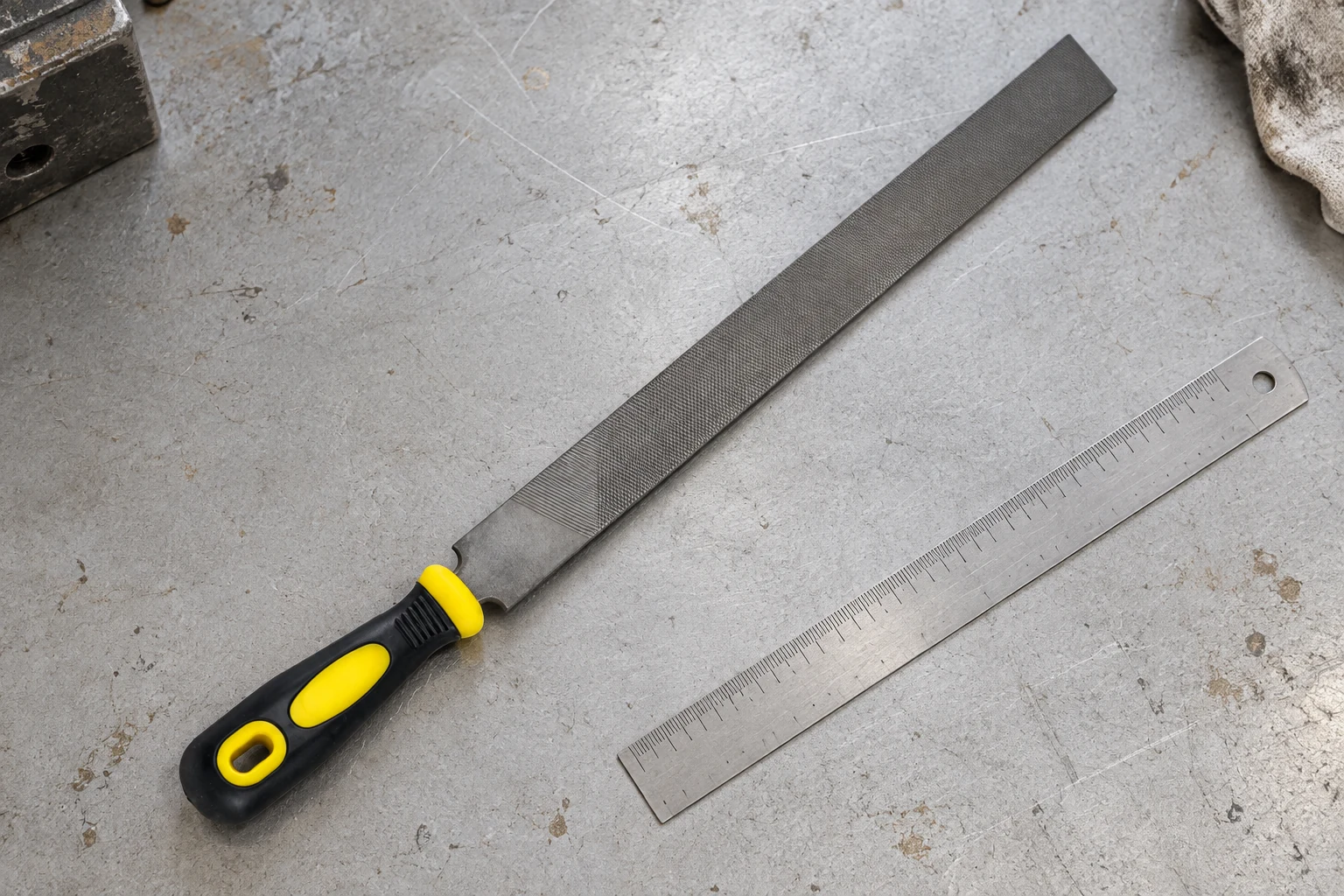 Hoof rasp working face and handle connection beside a measuring tool