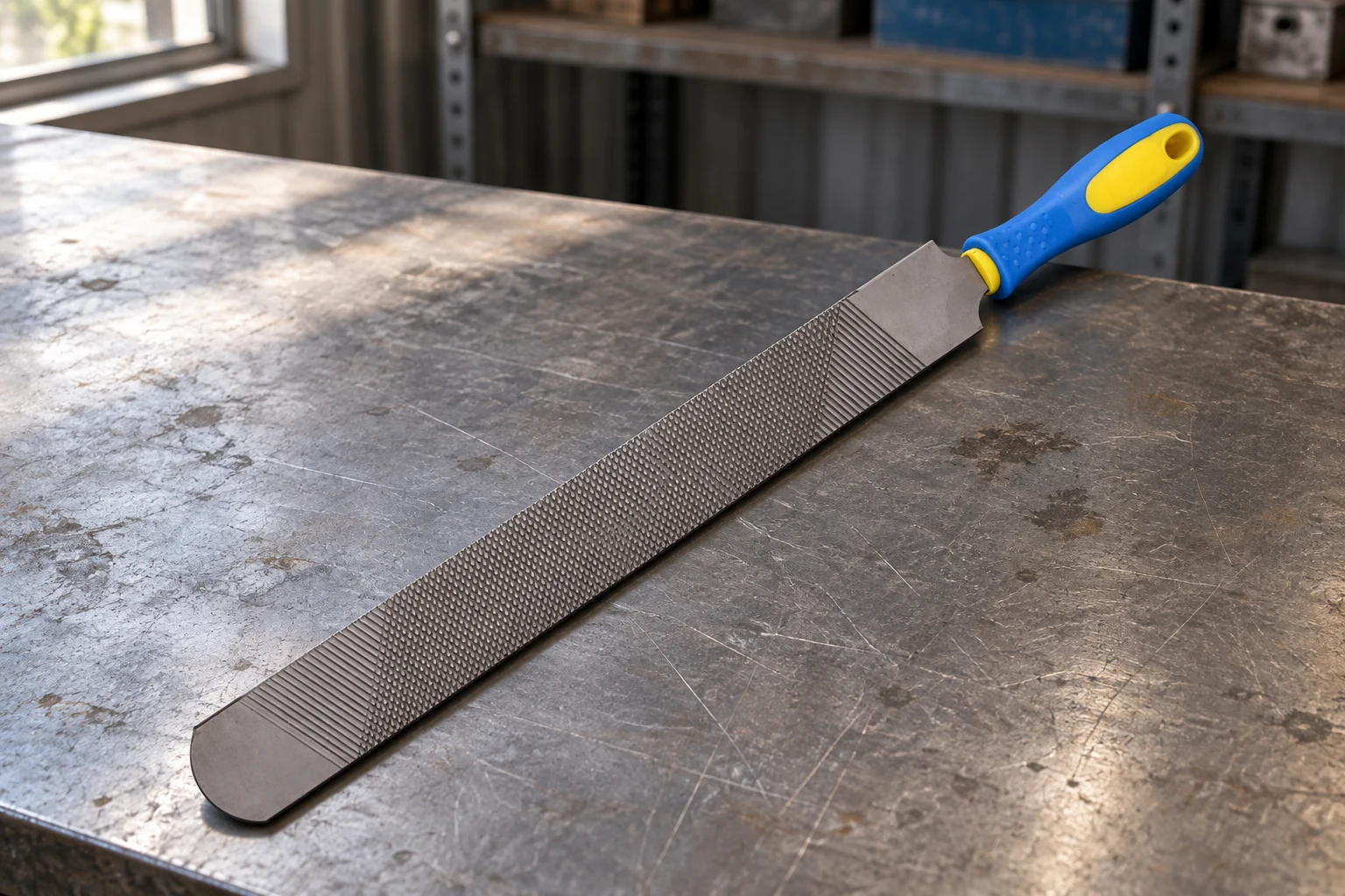Blue and yellow handled hoof rasp on a metal workshop bench