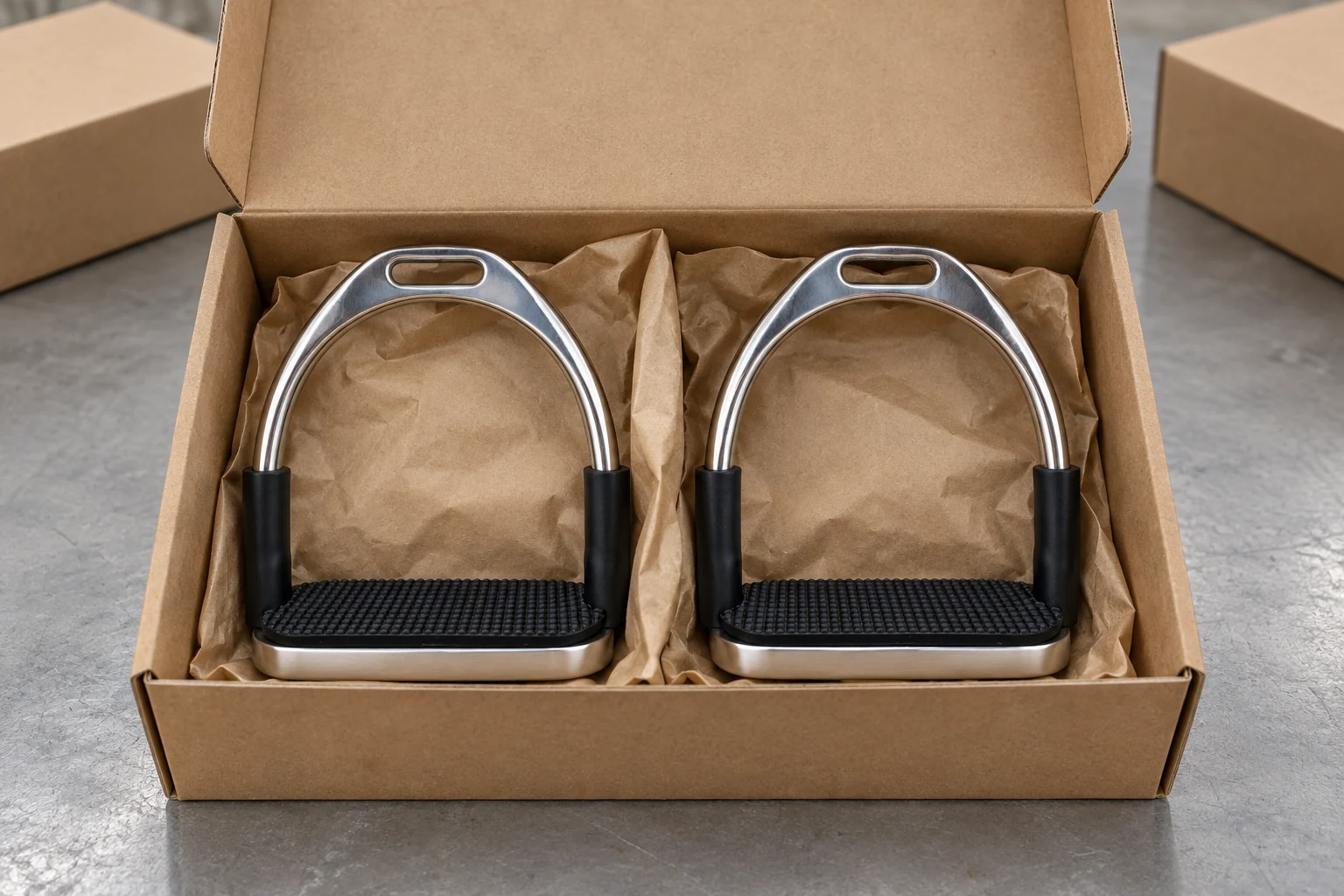 Stirrup pair separated by protective paper in a box